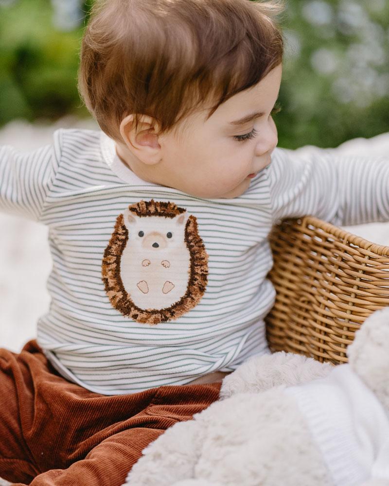 This cute 100% organic striped cotton tee is the perfect addition to your little ones winter wardrobe. Featuring a cute hedgehog graphic with embroidery and a concealed press stud shoulder opening for ease of dressing it is a winter must have. Available from www.thecollectivenz.com