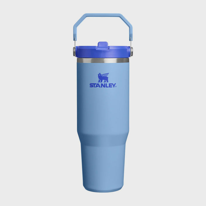 Blue Stanley tumbler with a handle on a white background