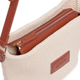 Beige handbag with brown zipper and strap on a white background