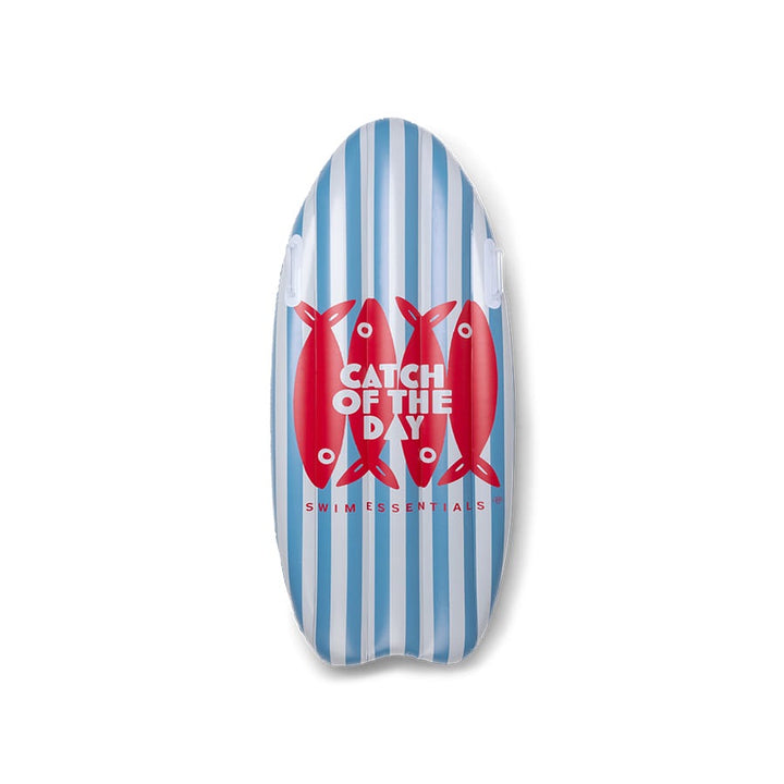 Blue and white striped swim浮板 with red fish illustrations and text on a white background