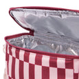 Red and white checkered cooler bag with open lid showing silver interior.
