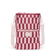 Red and white checkered cooler  bag with a strap on a white background