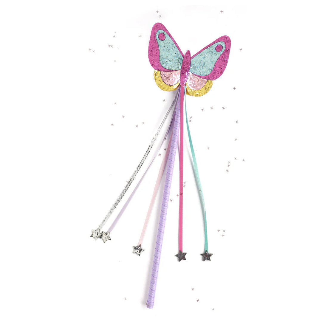 Butterfly-shaped fairy wand with colorful ribbons on a white background