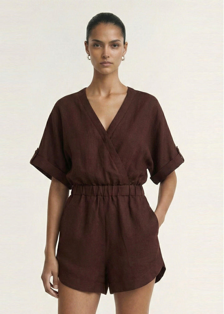 Rhodes Chocolate Wrap Playsuit | Staple The Label