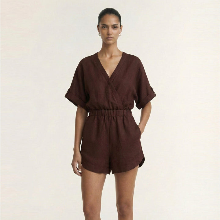 Rhodes Chocolate Wrap Playsuit | Staple The Label