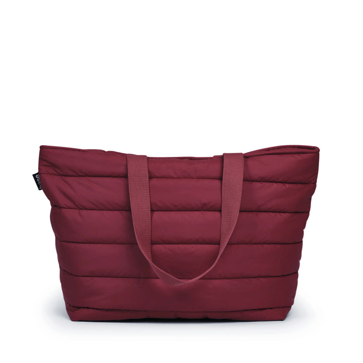Maroon quilted tote bag on a white background