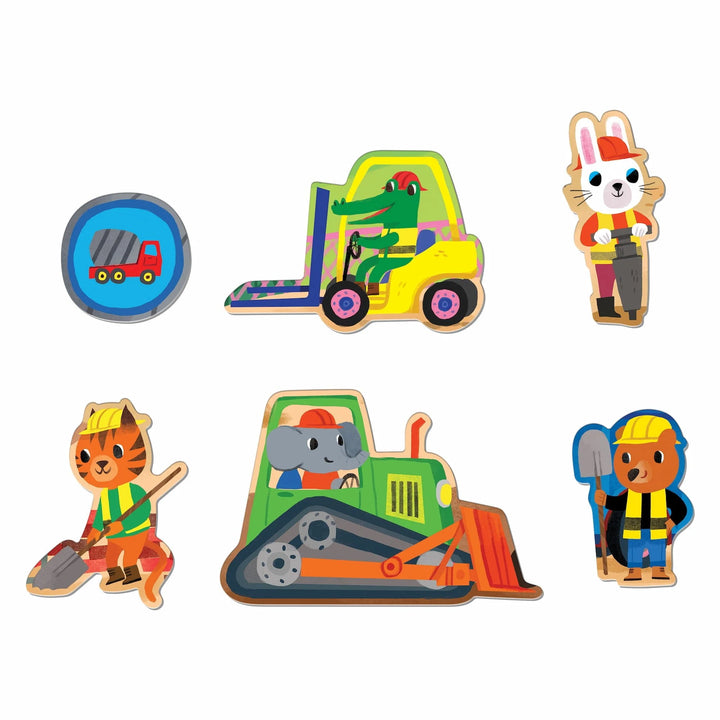 Set of colorful animal-themed construction vehicles and workers on a white background