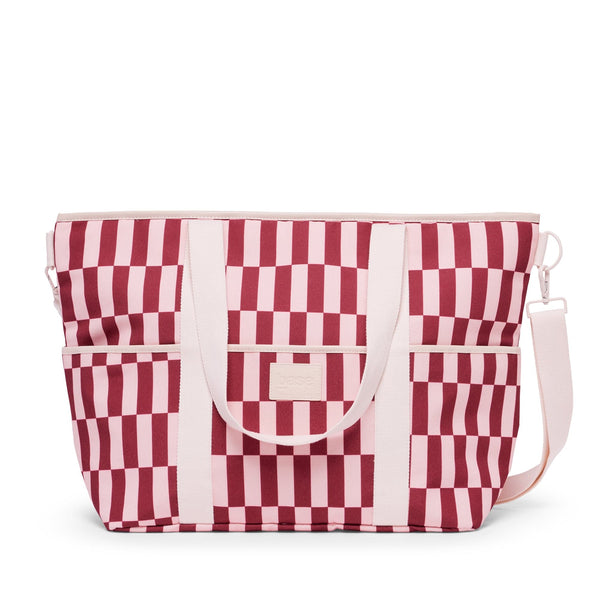 Red and white striped cooler bag with a strap on a white background