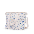 White cooler bag with blue patterns on a white background