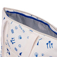 White cooler bag with blue sea-themed patterns on a white background