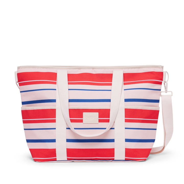 Base striped cooler tote bag with red, white, and blue colors on a white background