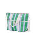 Striped cooler bag with green, blue, and white pattern on a white background