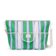 Striped cooler bag with green, blue, and white pattern on a white background