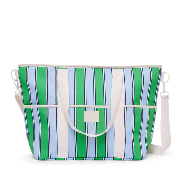 Striped cooler bag with green, blue, and white pattern on a white background