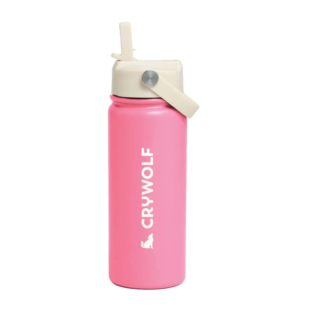 A pink Crywolf insulated water bottle with a cream-colored flip-top lid and carrying loop, shown on a solid white background.