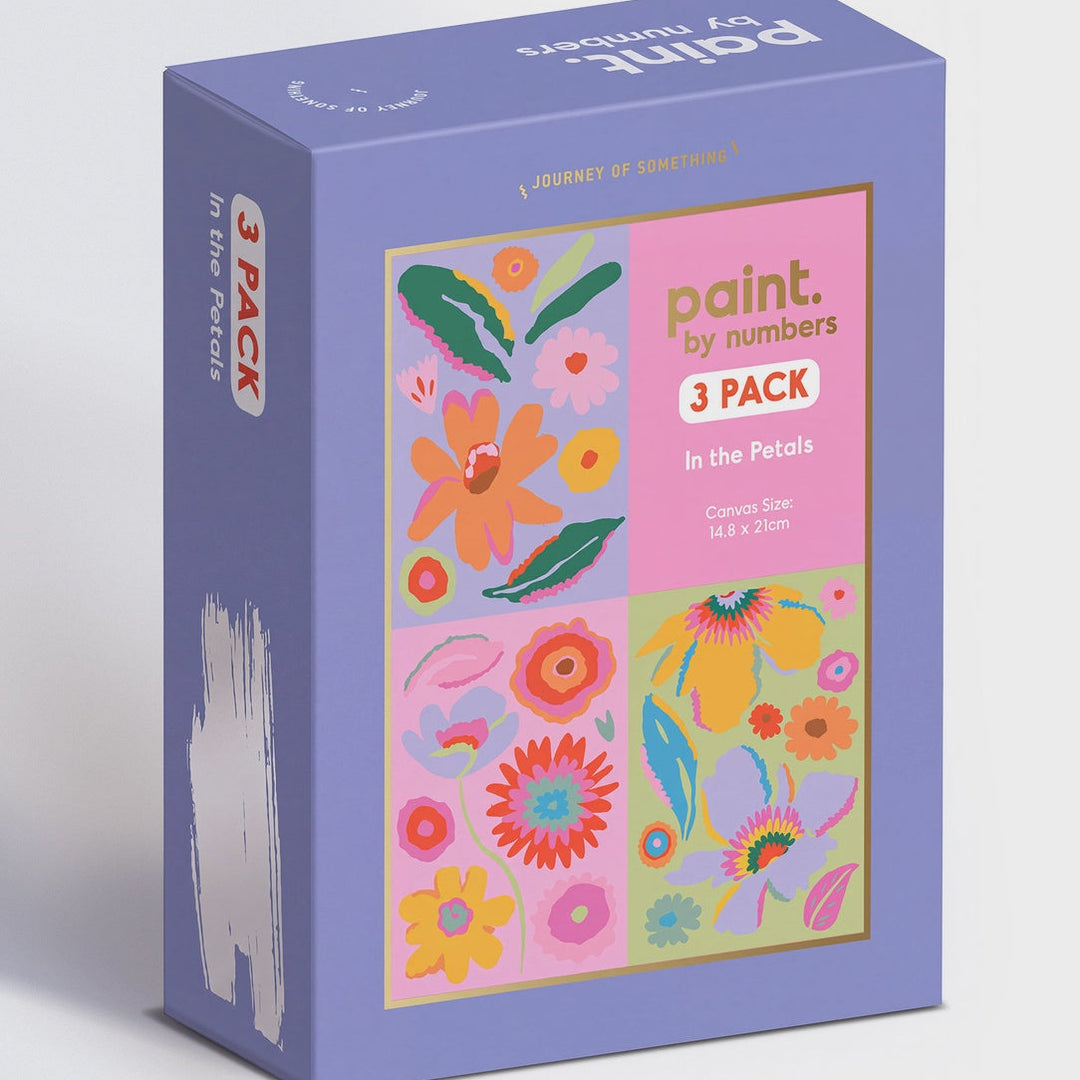 A 3-pack box of 'paint. by numbers: In the Petals' canvas sets, featuring a lavender-blue box with a colorful floral pattern on the front and side.