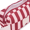 Checkered pencil case with pink and red stripes on a white background
