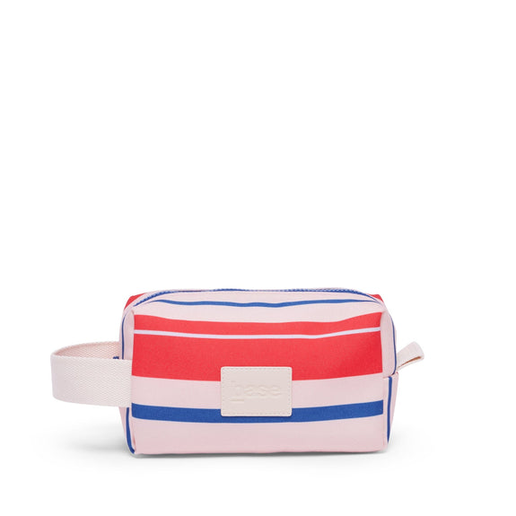 Striped toiletry bag with red, white, and blue colors on a white background