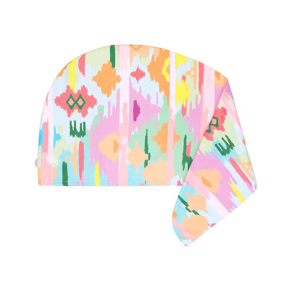 Colorful patterned headscarf on a white background