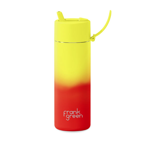 Gradient yellow to red water bottle with 'frank green' branding on a white background
