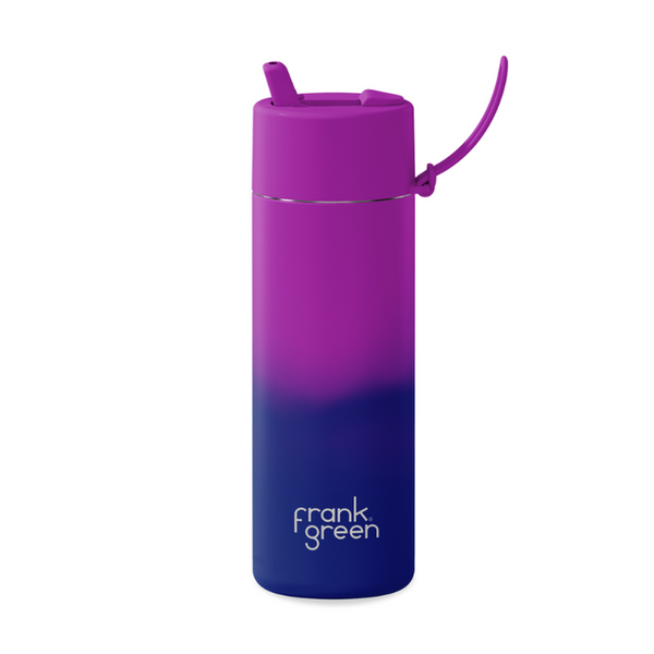 Purple and blue water bottle with a straw lid on a white background