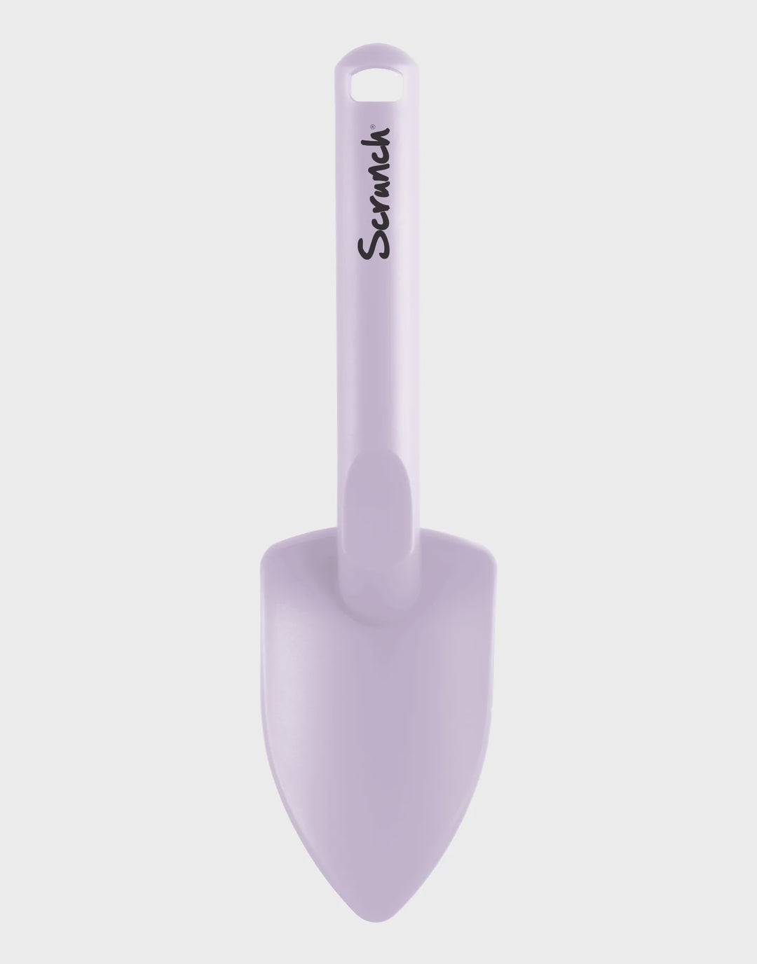 A lavender plastic garden trowel with a hanging loop on the handle and the brand name 'Scrunch' printed in black on the handle, set against a solid light gray background.