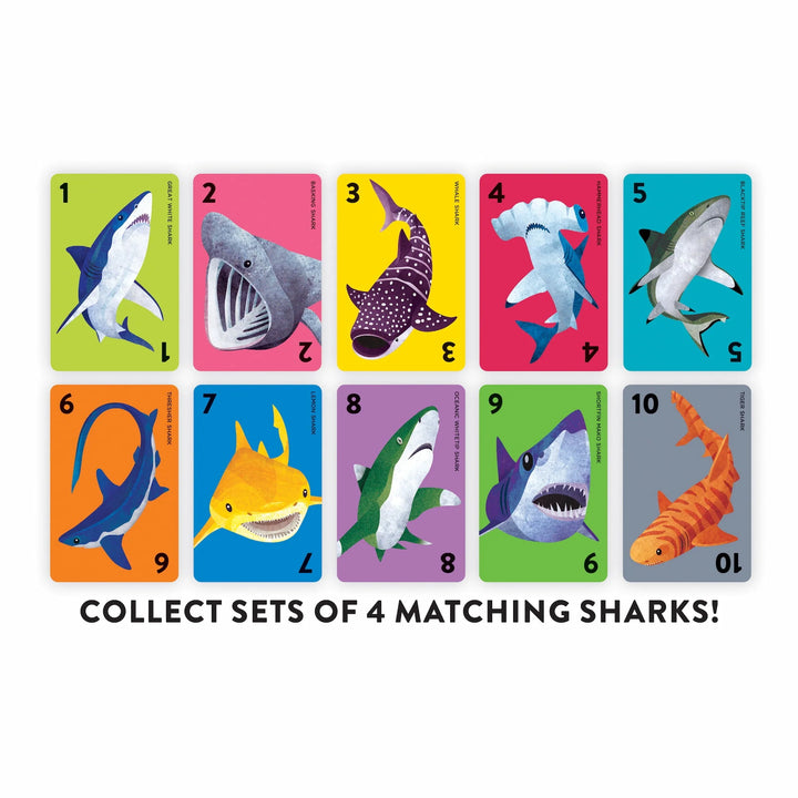 Set of shark-themed cards with colorful backgrounds and numbers, arranged in a grid.