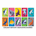 Set of shark-themed cards with colorful backgrounds and numbers, arranged in a grid.