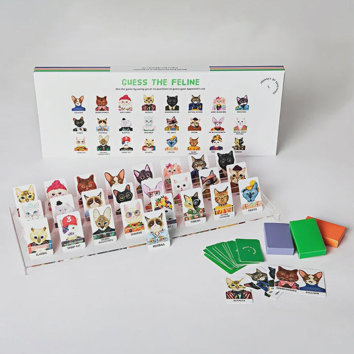 A feline-themed guessing card game set displayed on a light gray background, including a white game board with illustrated cat characters, multiple card stacks, colored cards, and small accessory cards.