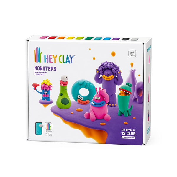 HEY CLAY Monsters clay kit packaging with colorful monsters and clay cans on a white background