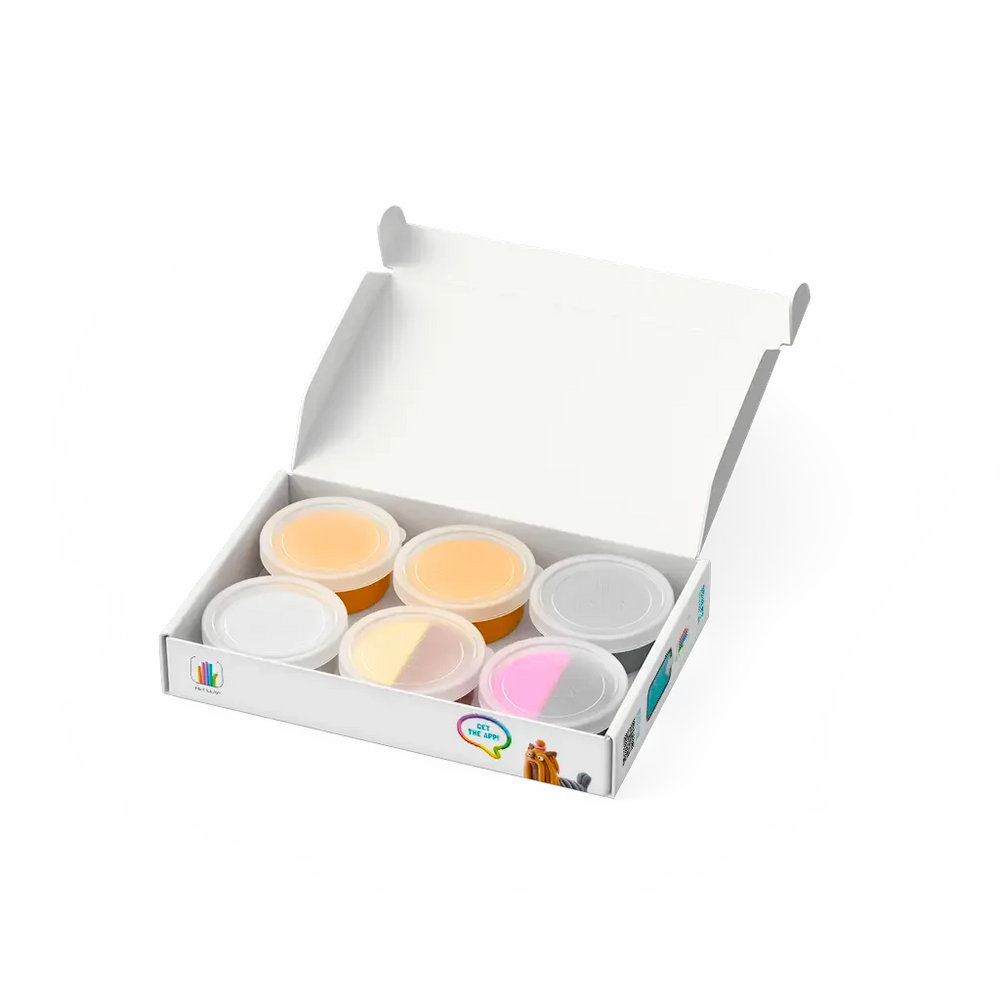 Set of colorful containers in a white box on a white background