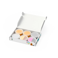 Set of colorful containers in a white box on a white background