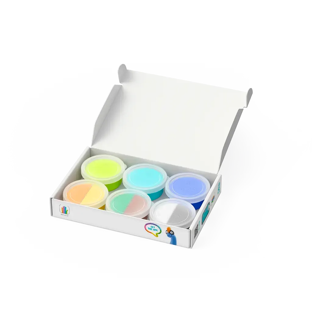Set of colorful containers in a white box on a white background