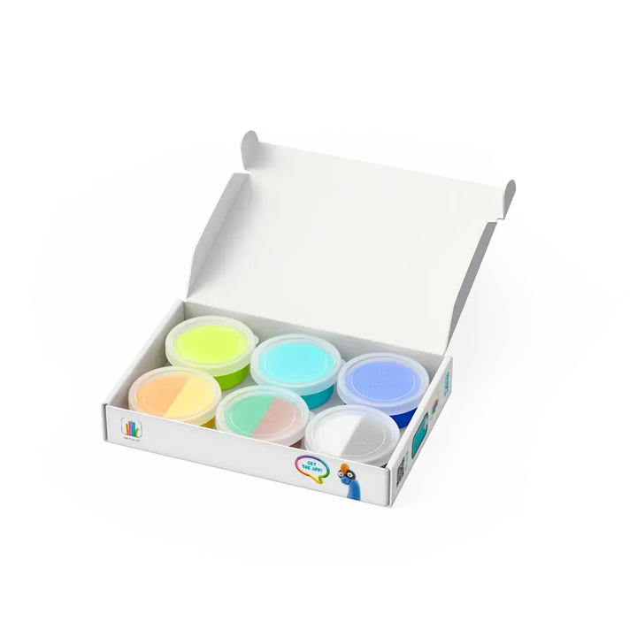 Set of colorful containers in a white box on a white background