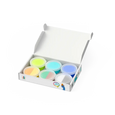 Set of colorful containers in a white box on a white background