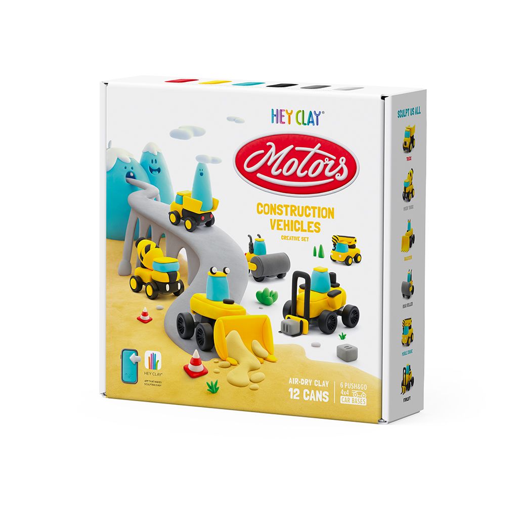 Motors construction vehicles playset packaging with toy vehicles and 'Hey Clay' branding.