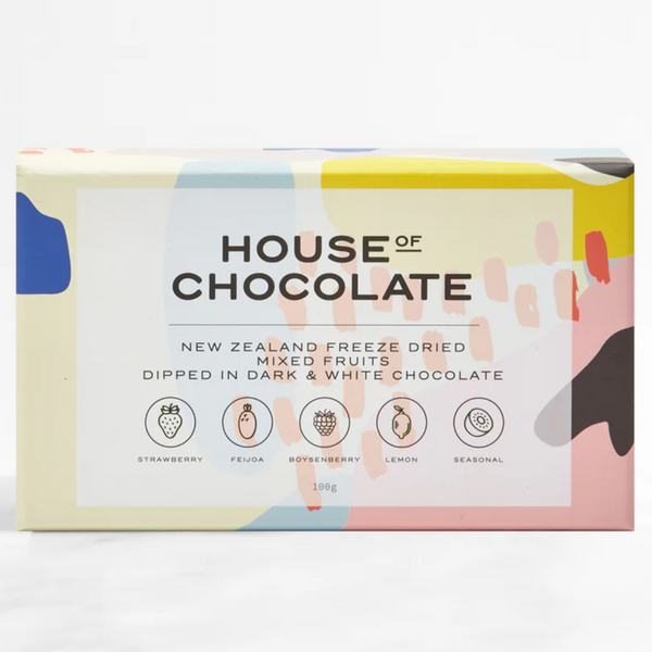 Box of 'House of Chocolate' New Zealand freeze-dried mixed fruits in dark and white chocolate on a white background.