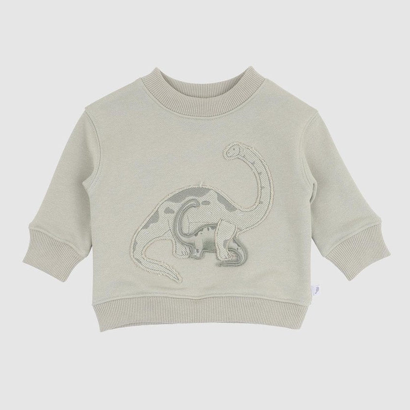 Light gray sweatshirt with dinosaur design on a white background