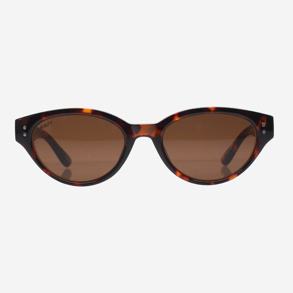 Sunglasses with tortoiseshell frame and brown lenses on a white background