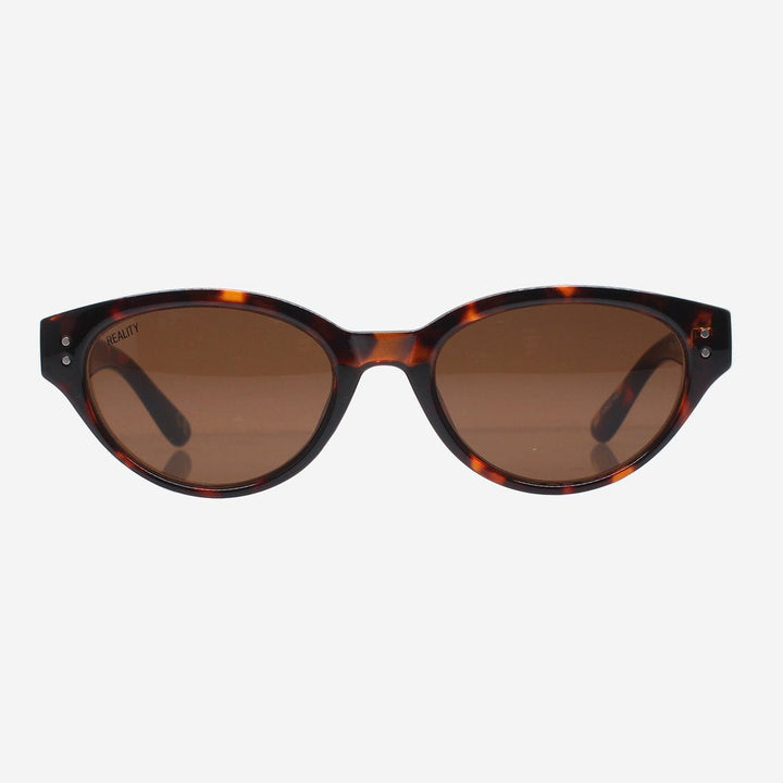 Sunglasses with tortoiseshell frame and brown lenses on a white background