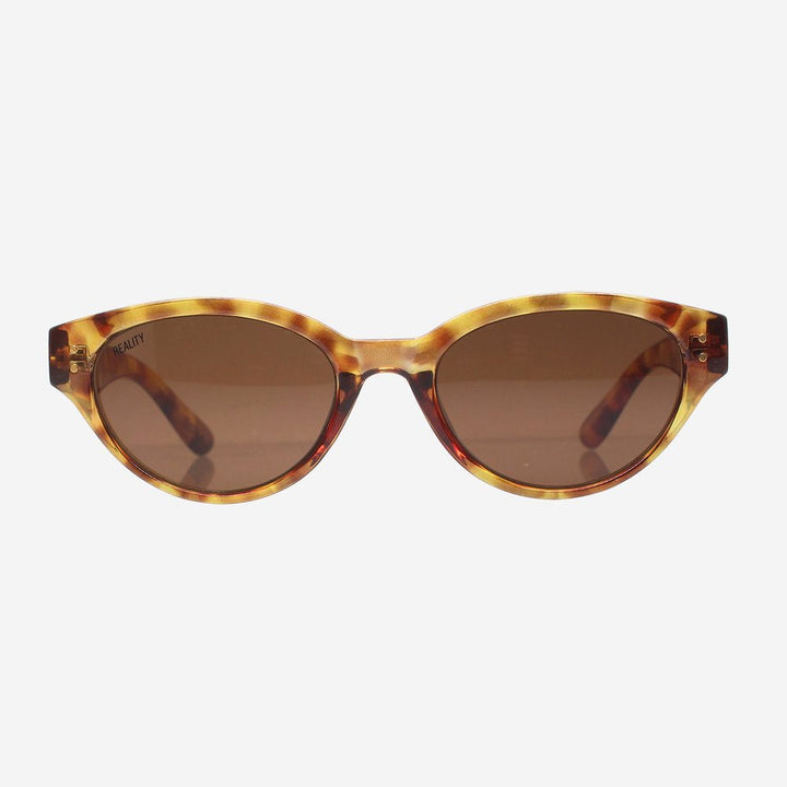 Oval sunglasses with a tortoiseshell patterned acetate frame and brown tinted lenses, shown against a plain light gray background.