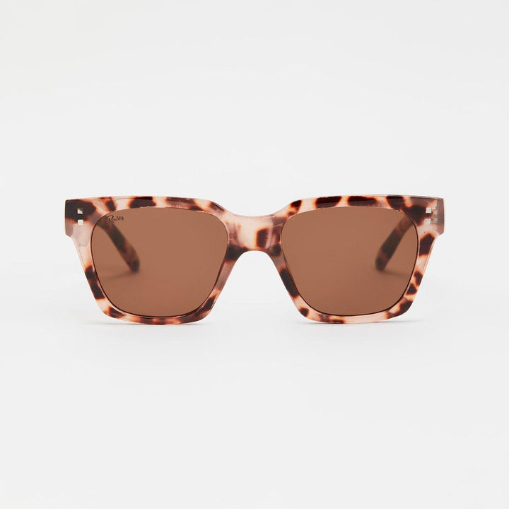 Square sunglasses with a translucent tortoiseshell pattern in brown and black, featuring brown tinted lenses, shown against a plain white background.