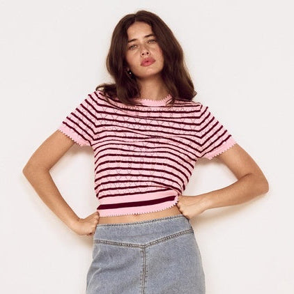 A woman stands against a plain off-white wall wearing a pink and dark red striped short-sleeve knit crop top, a light blue denim mini skirt, and black flip-flop sandals.