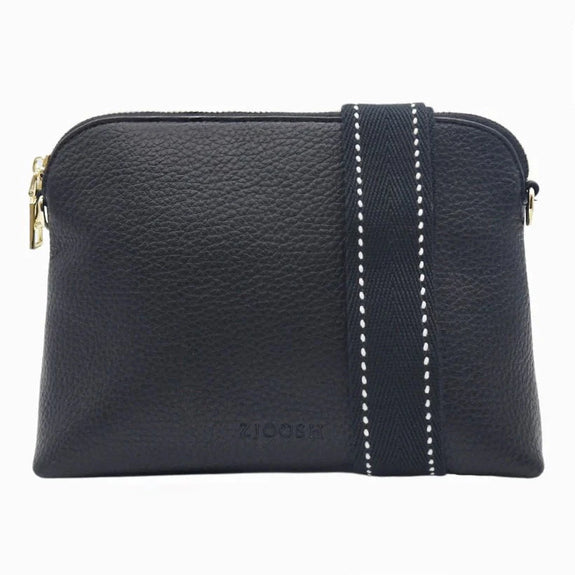 Our Hudson Cross Body Bag combines style and function with two removable straps: a classic PU strap with gold chain and a playful striped webbing strap. Available from www.thecollectivenz.com