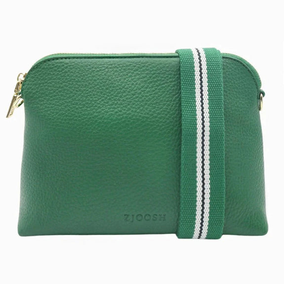 Our Hudson Cross Body Bag combines style and function with two removable straps: a classic PU strap with gold chain and a playful striped webbing strap. Available from www.thecollectivenz.com