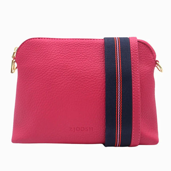 Our Hudson Cross Body Bag combines style and function with two removable straps: a classic PU strap with gold chain and a playful striped webbing strap. Available from www.thecollectivenz.com