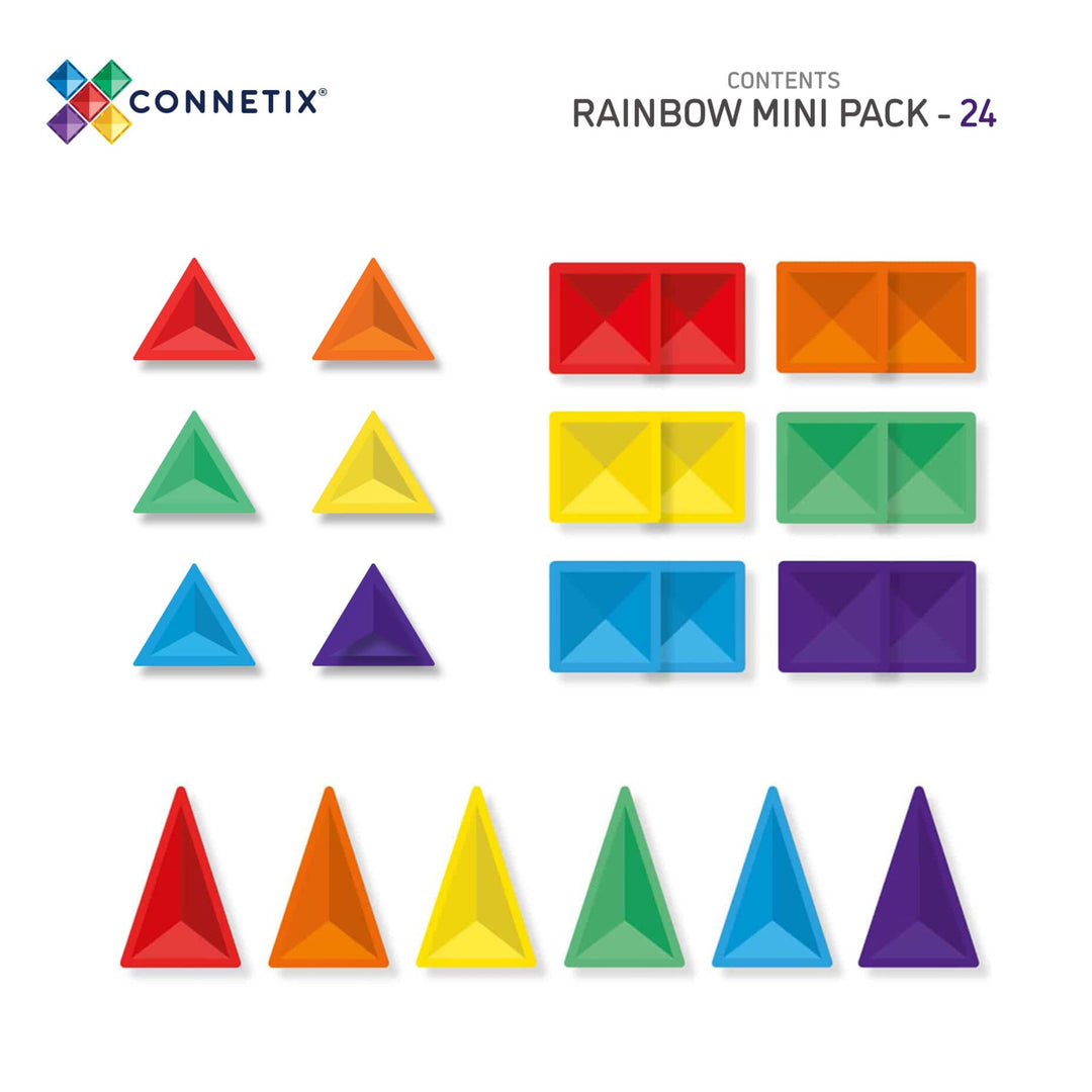 Colorful geometric shapes in a rainbow mini pack by Connetix on a white background.