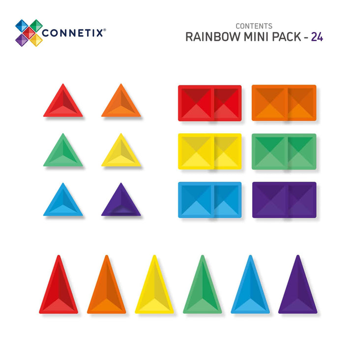 Colorful geometric shapes in a rainbow mini pack by Connetix on a white background.