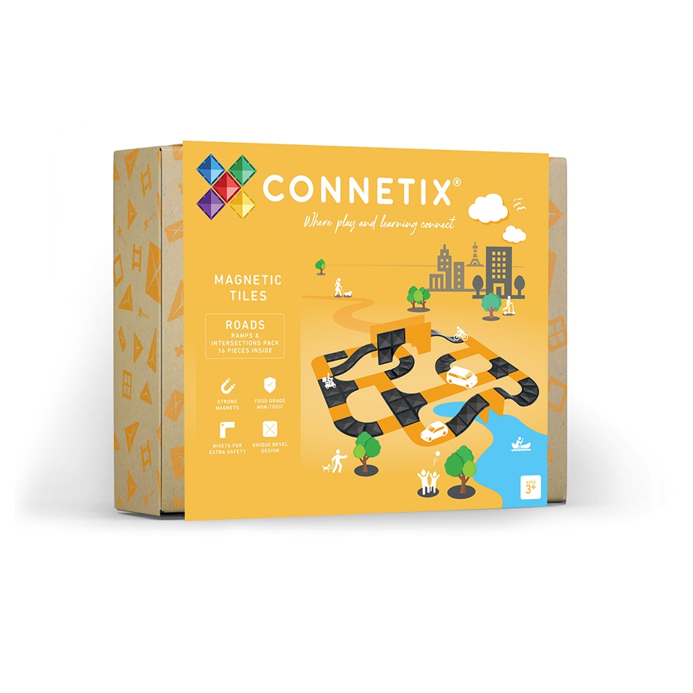 Connetix magnetic tiles packaging with colorful design on a white background