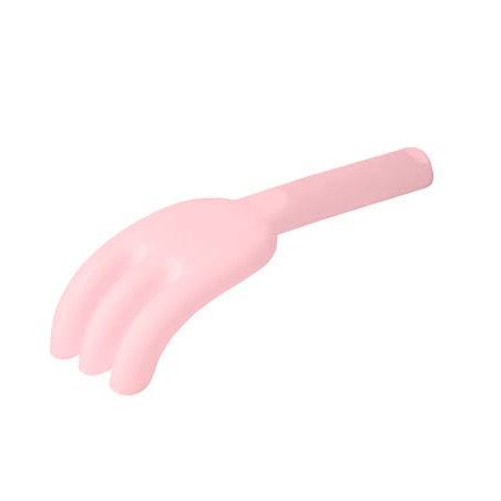 A light pink silicone or rubber hand-shaped accessory with a long cylindrical handle, shown on a plain white background.